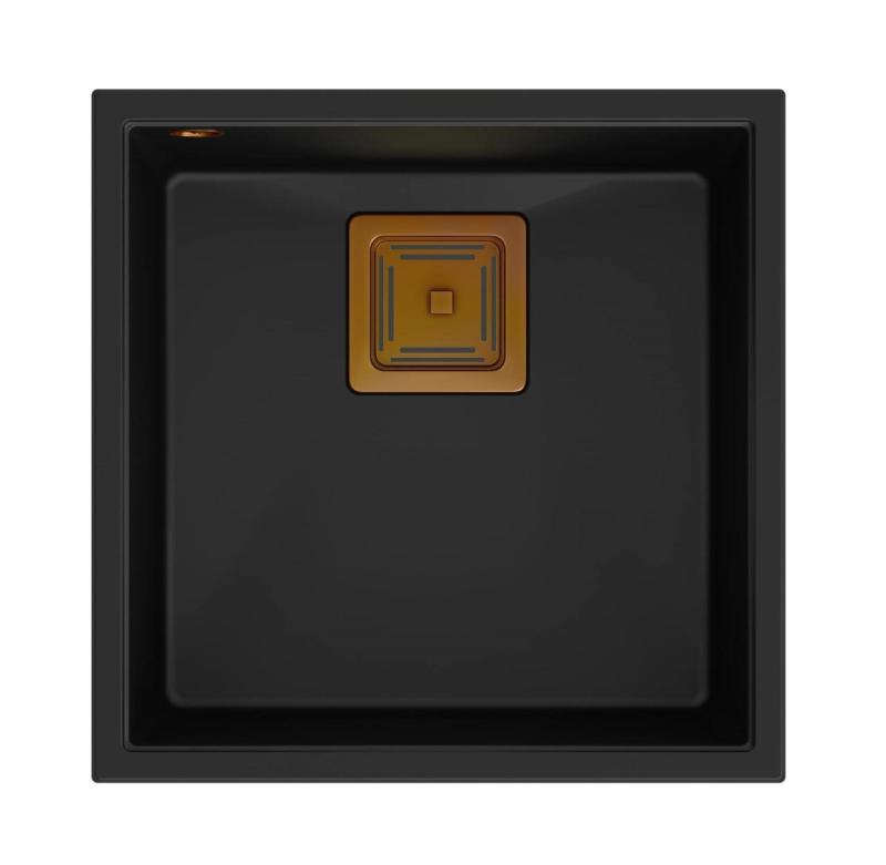 Quadri Quadrangle czarny granitowy zlewozmywak podwieszany 42x42cm z miedzianym korkiem 1208967482