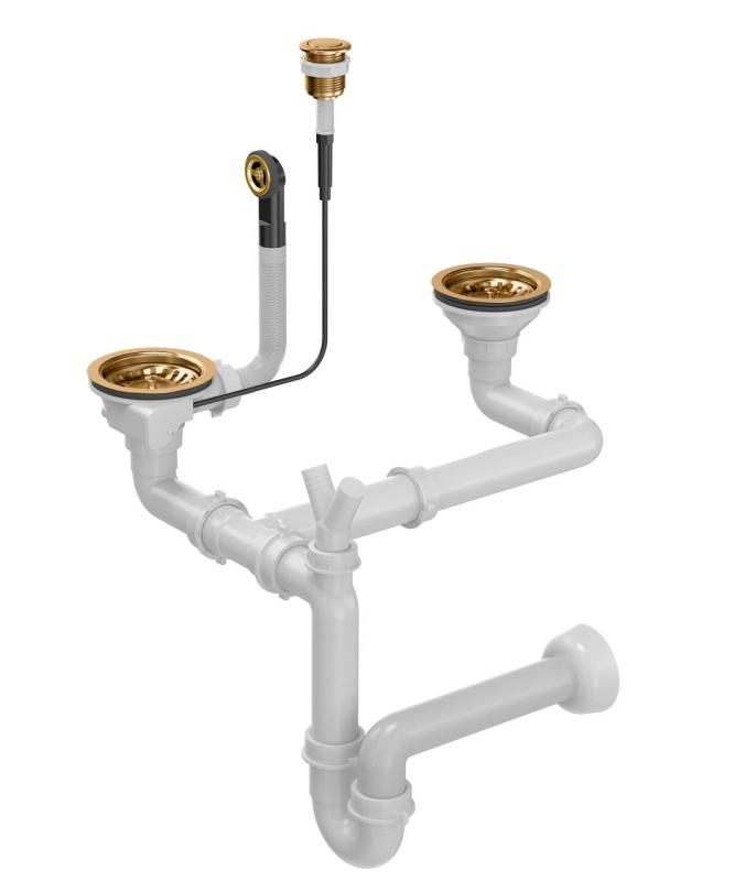 Quadri miedziany zestaw odpływowy do podwójnego zlewu z przelewem i przyciskiem push to open miedziany 1208967546