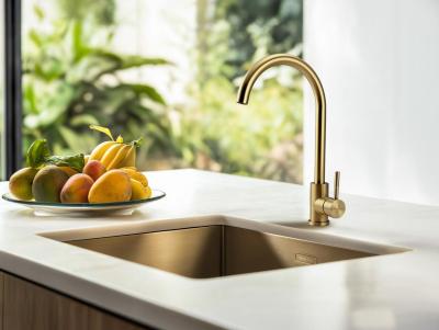 Zlew Pure.Sink Prestige 34x40 cm PVD Złoto 10 mm promień podwieszany, montaż na równi z blatem i nablatowy PPG3440-60.