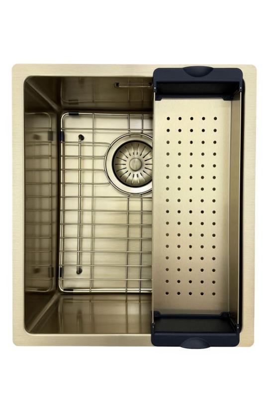 Zlew Pure.Sink Prestige 34x40 cm PVD Złoto 10 mm promień podwieszany, montaż na równi z blatem i nablatowy PPG3440-60.