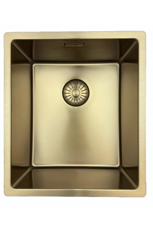 Zlew Pure.Sink Prestige 34x40 cm PVD Złoto 10 mm promień podwieszany, montaż na równi z blatem i nablatowy PPG3440-60.