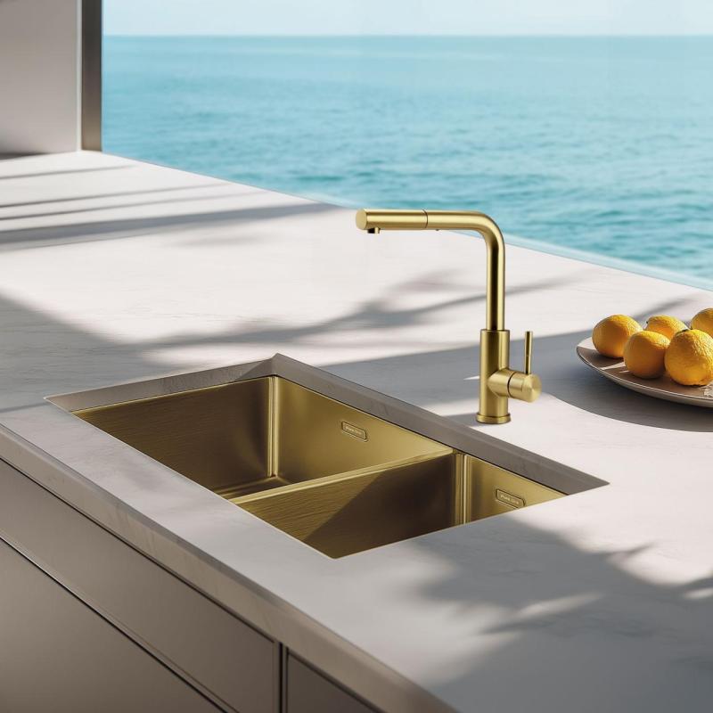 Pure.Sink Elite Steel Spark-S bateria kuchenna PVD Szczotkowane złoto z wyciąganą wylewką PS8041-60