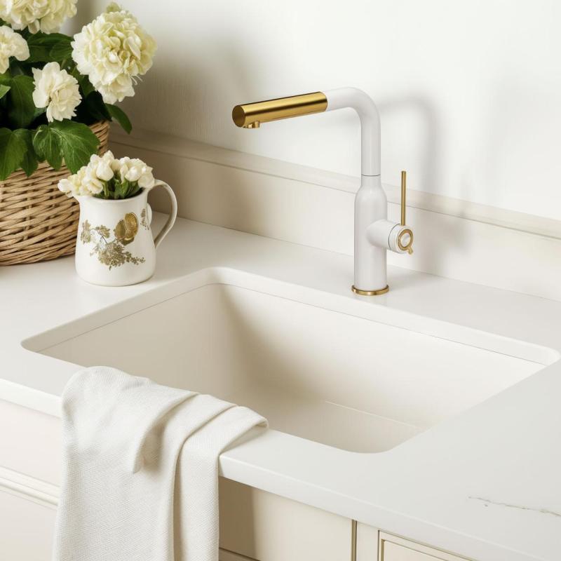 Quadri Stamford Kuchenny Biały Bateria Mieszająca z PVD Złotym Wykończeniem i Wyciąganą Wylewką 1208967686