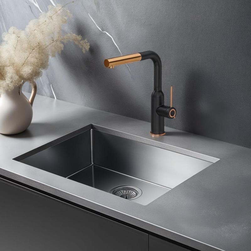 Quadri Stamford Kran Kuchenny Czarny z Wykończeniem z Miedzi PVD i Wyciąganą Wylewką 1208967689