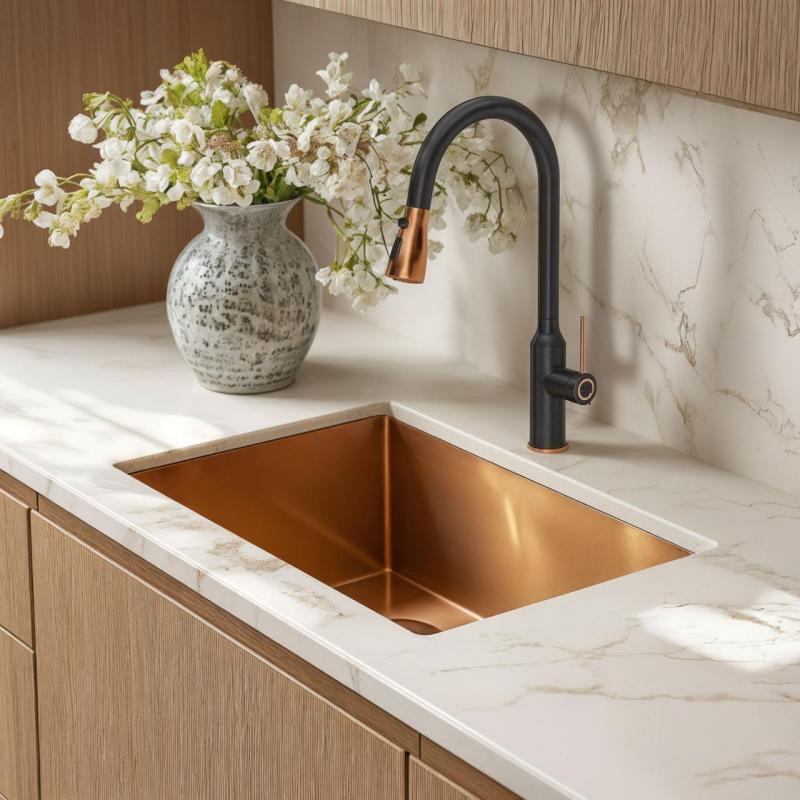 Quadri Stamford Bateria Kuchenna Czarna z Miedzianym Wykończeniem PVD z Wyciąganą Wylewką i Trybem Natrysku 1208967695