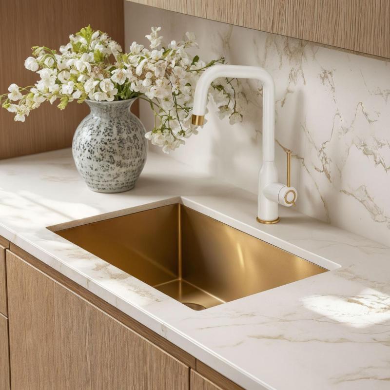 Quadri Stamford Baterie Kuchenna Biała z Wykończeniem ze Złotego PVD z Obracaną Kątową Wylewką 1208967697