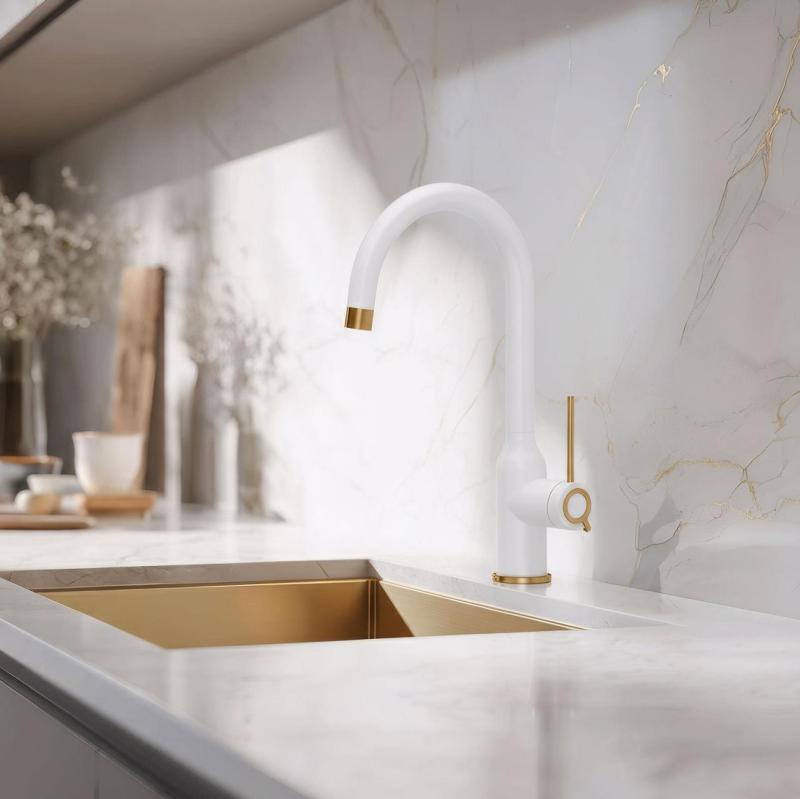 Quadri Stamford Bateria Kuchenna Biała z Miedzianym Wykończeniem z Obracającą się Okrągłą Wylewką 1208967711