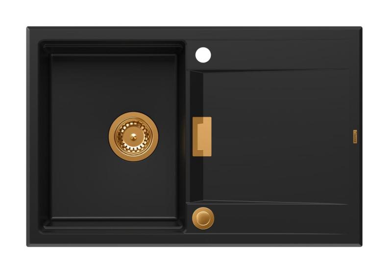 Quadri Minton Granitowy Zlew Nakładany Czarny 76x50cm z Ociekaczem, Odwracalny i z Miedzianym Korkiem 1208967740