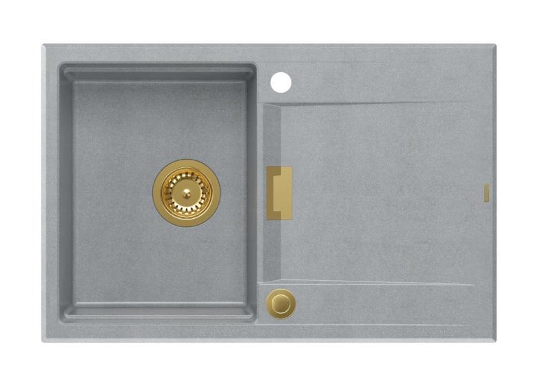 Quadri Minton Granitowy Zlew Nablatowy Szary 76x50cm z Ociekaczem Odwracalny i Złoty Korek - 1208967742