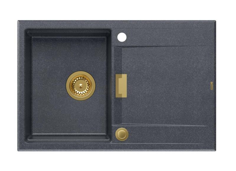 Quadri Minton Granitowy Zlewozmywak Nablatowy Antracytowy 76x50 cm z Ociekaczem, Odwracalny, ze Złotym Korkiem - 1208967745