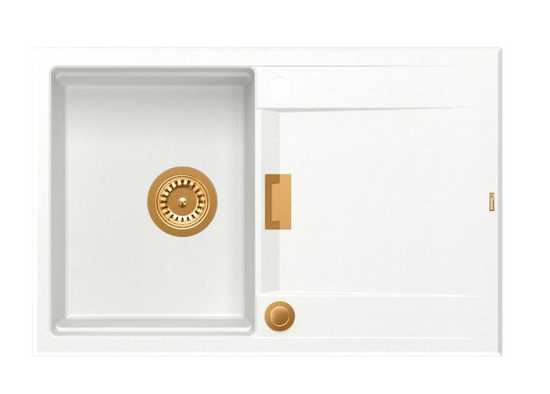 Quadri Minton Granitowy Zlew Nablatowy Biały 76x50cm z Ociekaczem Odwracalnym i Miedzianym Korkiem - 1208967749