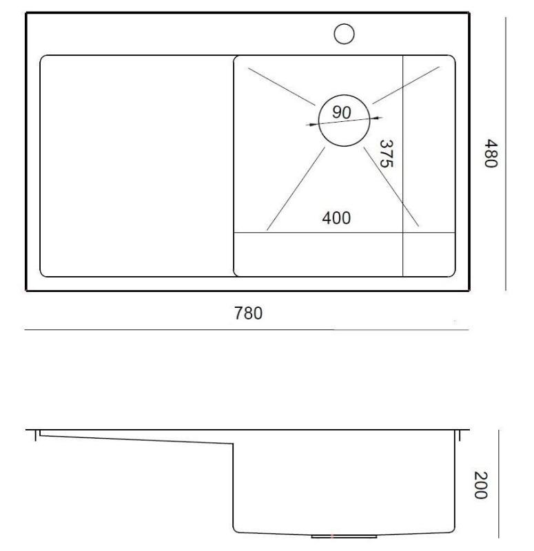Aquadesign Clara Zlewozmywak ze stali nierdzewnej z prawostronną komorą 78x48cm, montaż nablatowy lub wpuszczany, z ociekaczem, półką na baterię i korkiem ze stali nierdzewnej - 1208967754