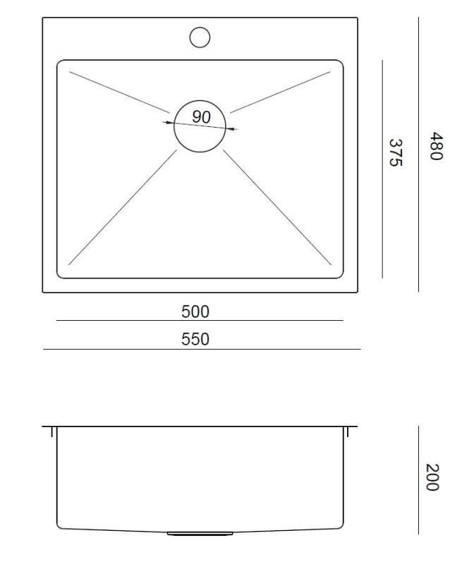 Aquadesign Clara Zlewozmywak ze stali nierdzewnej 55x48cm Montaż nablatowy lub wpuszczany z otworem na baterię i stalowym korkiem - 1208967756