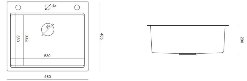 Aquadesign Vesta zlewozmywak ze stali nierdzewnej 580x485cm montaż nawierzchniowy i montaż na równi z blatem z półką na baterię, w zestawie z korkiem ze stali nierdzewnej i akcesoriami - 1208