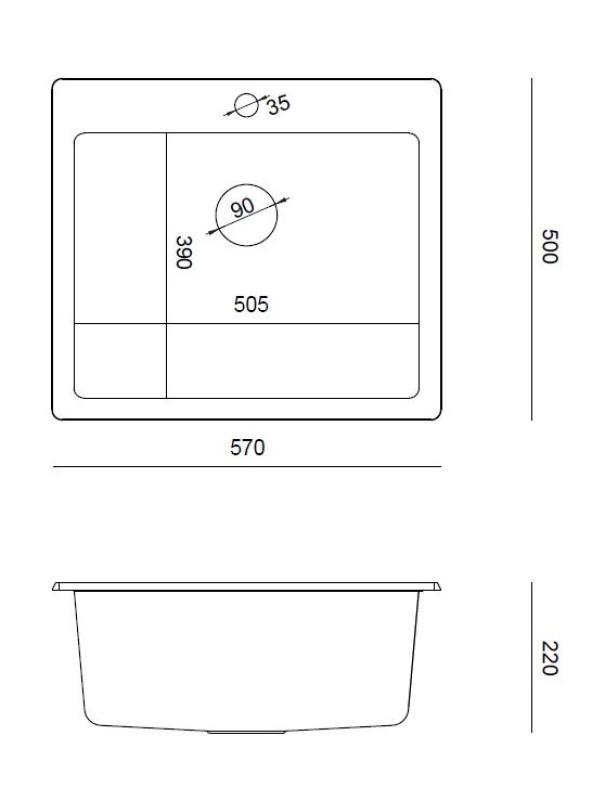 Quadri Sheffield Antracytowy Granitowy Zlew Nablatowy lub Wpuszczany 57x50 cm z Blatem na Baterię i Miedzianym Korkiem - 1208967814