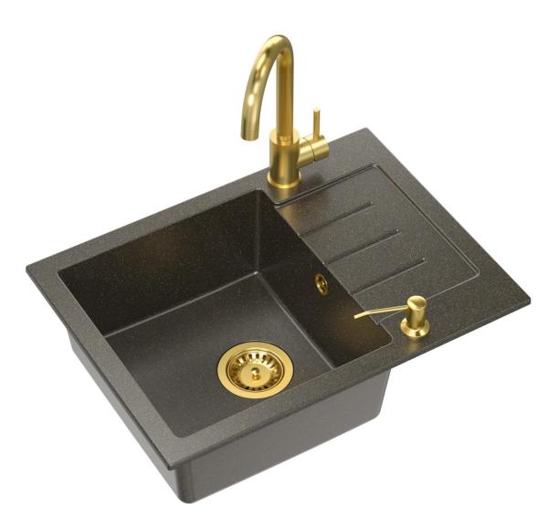 Quadri Kendal Set met Keukenkraan, Vloeistofdispenser en Granieten Antraciet Goudkleurige Spoelbak 60x44 cm met Afdruipgedeelte en Gouden plug en Overloop- 1208967843

Quadri Kendal Zestaw z 