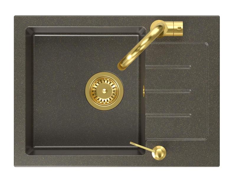 Quadri Kendal Set met Keukenkraan, Vloeistofdispenser en Granieten Antraciet Goudkleurige Spoelbak 60x44 cm met Afdruipgedeelte en Gouden plug en Overloop- 1208967843

Quadri Kendal Zestaw z 