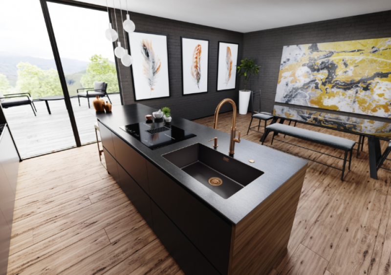 Franke Mythos Masterpiece Bateria kuchenna Miedziana z Wylewką w Kształcie Litery J i Wyciąganą Głowicą Natryskową - 115.0711.557