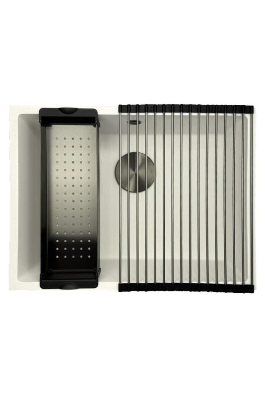 GraniteMy Uniwersalny Granitowy Biały Zlew 55x40 cm montaż nablatowy, podblatowy i wpuszczany z korkiem gun metal - 1208967933