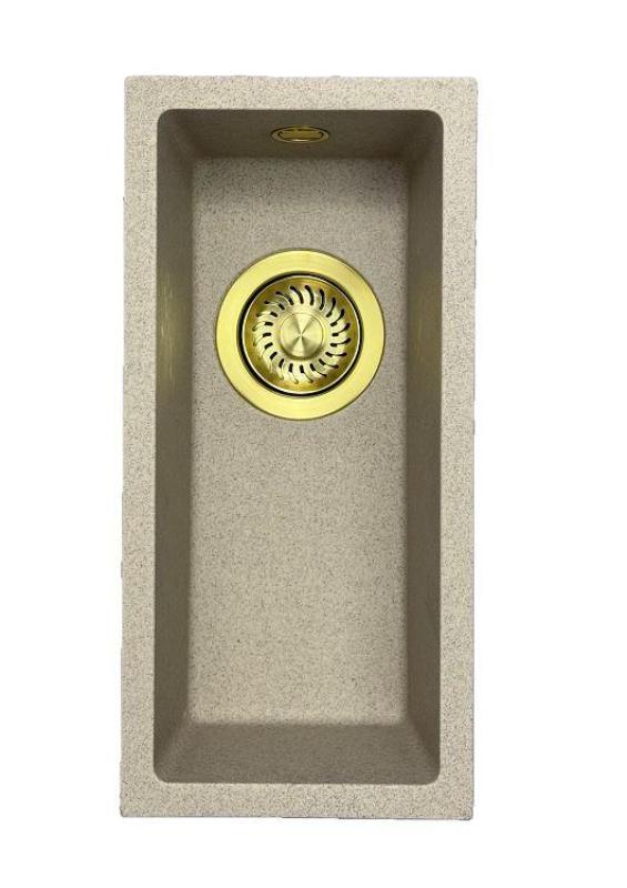 GraniteMy Universal granitowy beżowy piaskowy mały zlew 17x40 cm montaż nablatowy, podwieszany i wpuszczany z złotym korkiem 1208968003