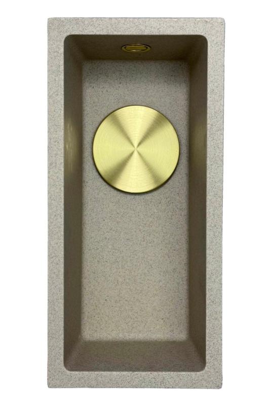 GraniteMy Universal granitowy beżowy piaskowy mały zlew 17x40 cm montaż nablatowy, podwieszany i wpuszczany z złotym korkiem 1208968003