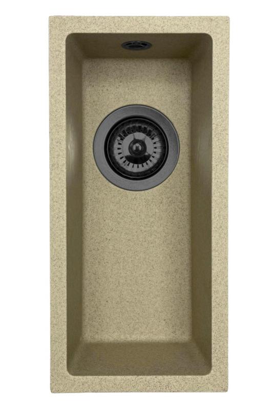 GraniteMy Universal granitowy beżowy piaskowy mały zlew 17x40 cm, montaż nablatowy, podwieszany i zlicowany z blatem, z korkiem Gun Metal 1208968006.
