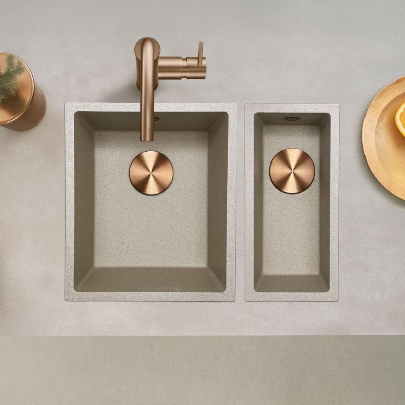 GraniteMy Uniwersalny granitowy beżowy zlewozmywak piaskowy 34x40 cm nakładany, podwieszany i wpuszczany z miedzianym korkiem 1208968009