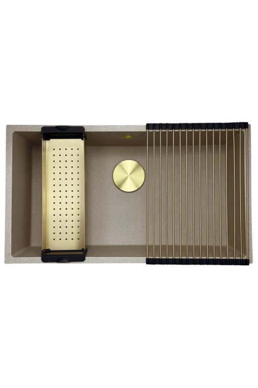 GraniteMy Uniwersalny granitowy beżowy zlewozmywak piaskowy 74x40 cm montaż nablatowy, podwieszany i wpuszczany z złotym korkiem 1208968018.