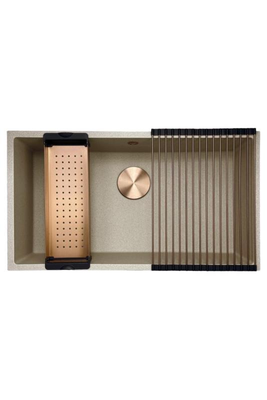 GraniteMy Universal granitowy beżowy piaskowy zlew 74x40 cm do montażu na blacie lub pod blatem z miedzianą zatyczką 1208968019