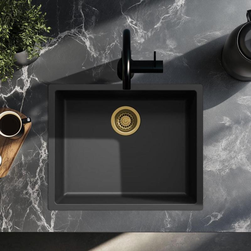 Czarny zlew 50x40cm podwieszany, nablatowy i wpuszczany z złotym korkiem 1208968037