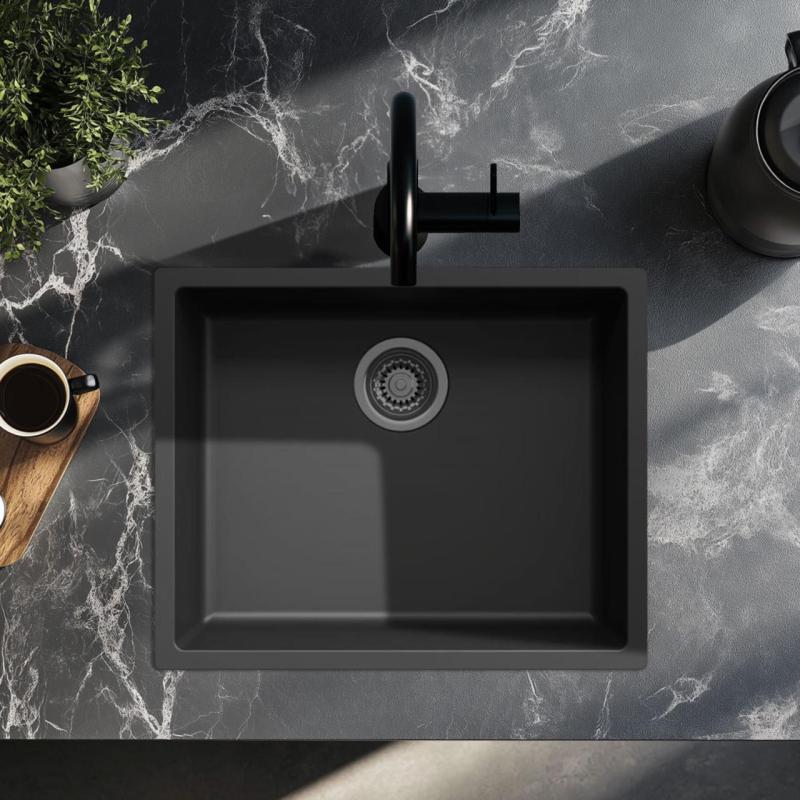 Czarny zlewozmywak 50x40 cm do montażu podwieszanego, wpuszczanego i płaskiego z korkiem w kolorze gun metal 1208968038