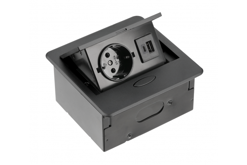 Gniazdo meblowe do montażu wpuszczanego AVARO, 1x gniazdo Schuko, USB A+C, kabel 1,5m, Czarny