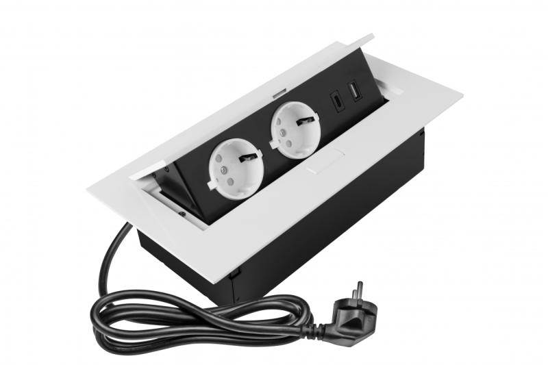 Gniazdo meblowe 2x gniazdo z uziemieniem, USB A+C, kabel zasilający z wtyczką, biały