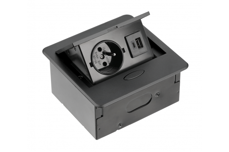 AVARO Wpuszczane Gniazdo Meblowe, 1x Francuskie Gniazdo, USB A+C, Kabel 1,5m, Czarny