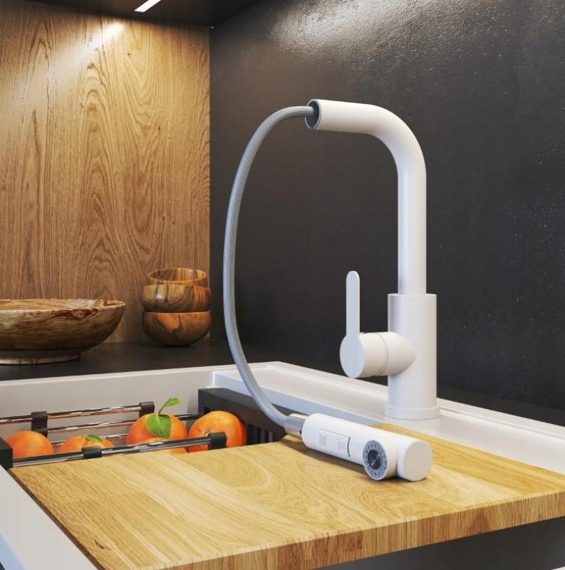 Graniteland Celeste Kuchenny Biały Mieszacz z Wyciąganą Wylewką i Podwójną Funkcją Słuchawki 1208969526