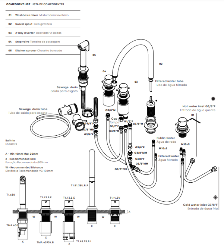 Waterevolution Flow 5-otworowa bateria kuchenna z wyciąganą wylewką i przyłączem do filtrowanej wody czarna T154UPR