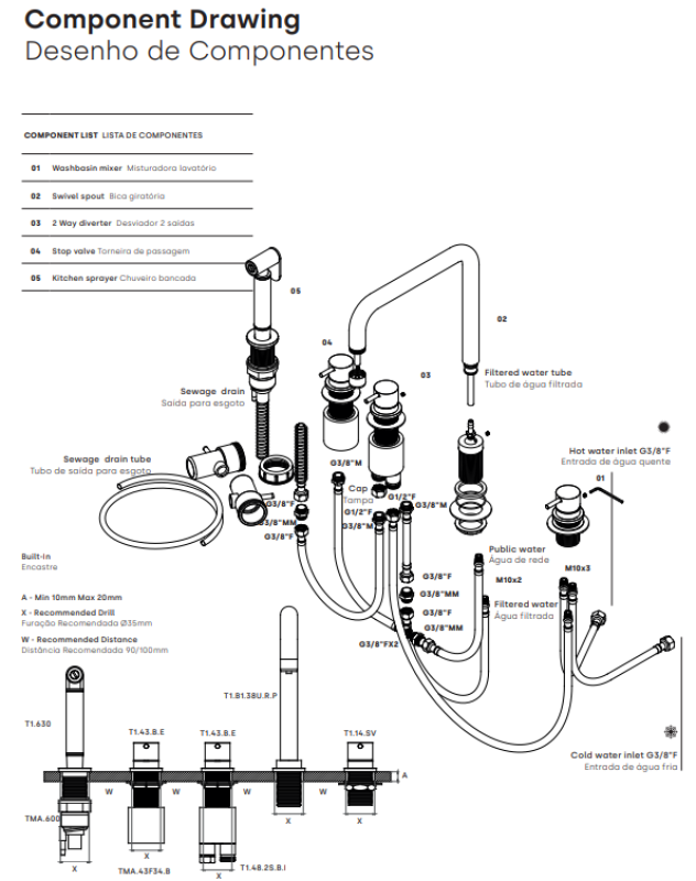 Waterevolution Flow 5-otworowa kątowa bateria kuchenna z wyciąganą wylewką i podłączeniem do filtrowanej wody RVS T154HIE