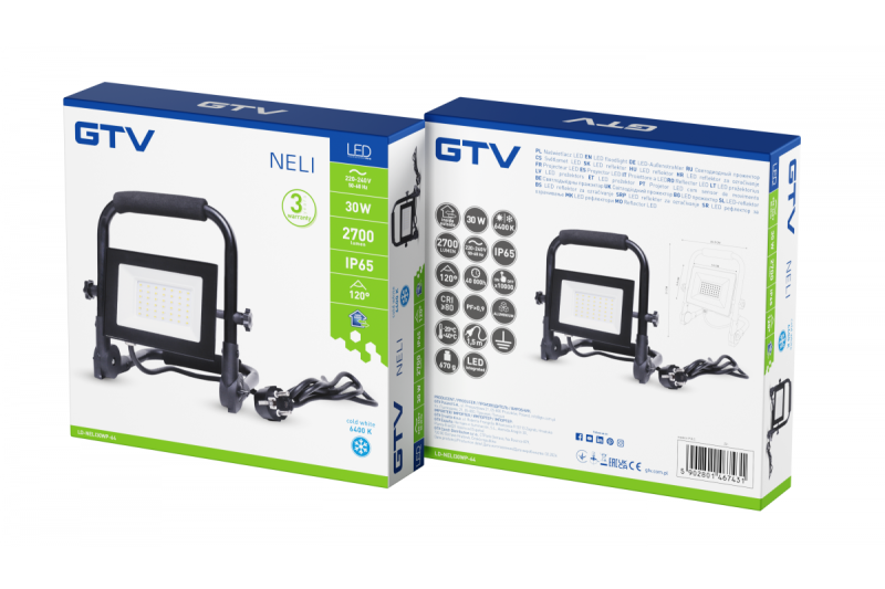 NELI Przenośny Reflektor, LED, 30W, 2700lm, 6400K, AC220-240V, IP65, 1,5m kabel