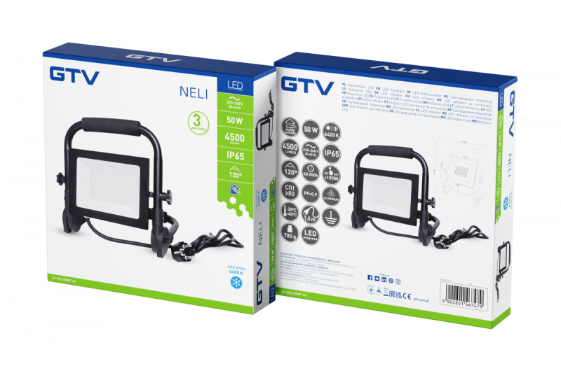 NELI Przenośna lampa reflektorowa, LED, 50W, 4500lm, 6400K, AC220-240V, IP65, kabel 1,5m
