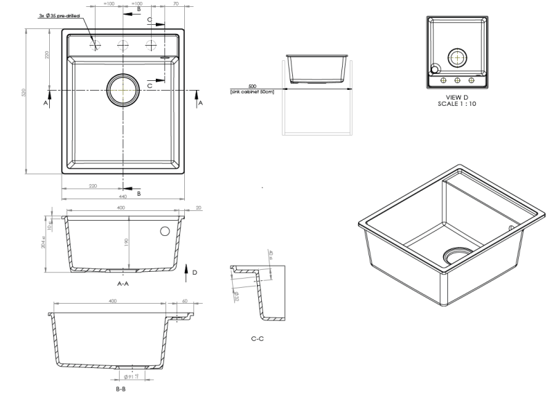 Granitowy zlewozmywak GraniteMy Bremen 44x52 cm Czarny – Montaż nablatowy, podblatowy i zlicowany z blatem z półką na baterię i stalowym korkiem 1208969991.