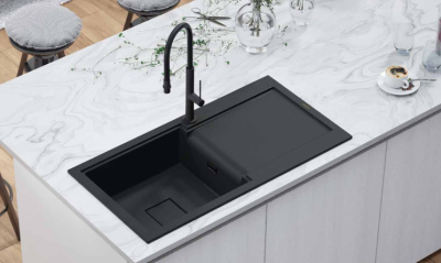 GraniteMy Zafiri Czarny Granitowy Zlew Nablatowy 97x50 cm z Ociekaczem, Odwracalny, z Czarną Kwadratową Pokrywą Odpływu 1208969997