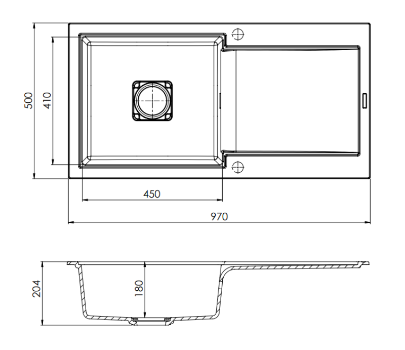 GraniteMy Zafiri Czarny Granitowy Zlew Nablatowy 97x50 cm z Ociekaczem, Odwracalny, z Czarną Kwadratową Pokrywą Odpływu 1208969997