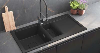 GraniteMy Zafiri Czarny Granitowy Zlewozmywak Nablatowy 1,5 Komory 100x50 cm z Ociekaczem, Odwracalny, z Czarną Kwadratową Pokrywą Odpływu 1208969998.