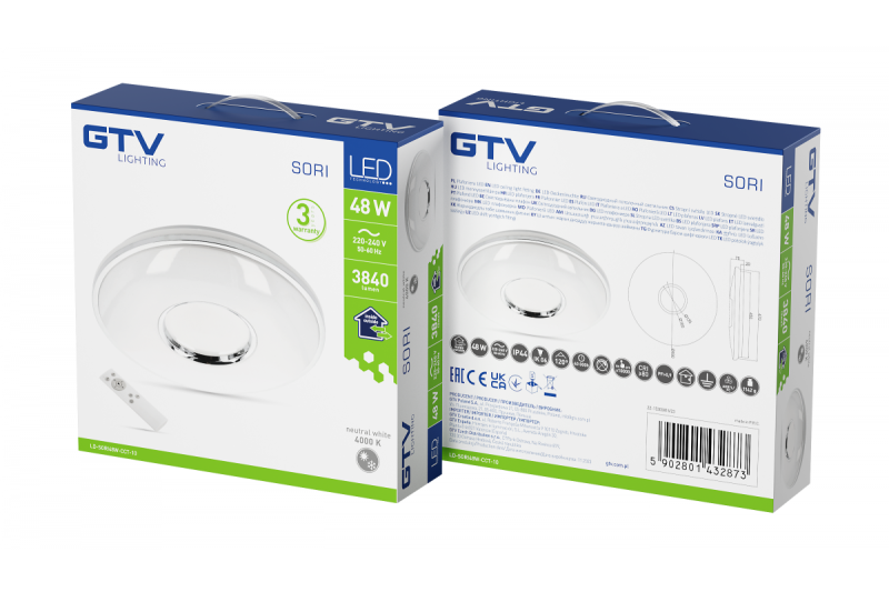 SORI LED lampa sufitowa, Ø490mm, CCT, 48W, 3840lm, AC180-250V, 50/60 Hz, PF>0,9, IP54, pilot zdalnego sterowania, biały, 3 lata gwarancji.