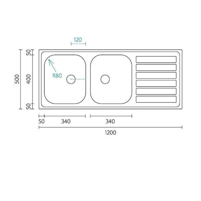Bank Centurio 120 RVS dubbele spoelbak opbouw 120x50cm met afdruipgedeelte 1208970029