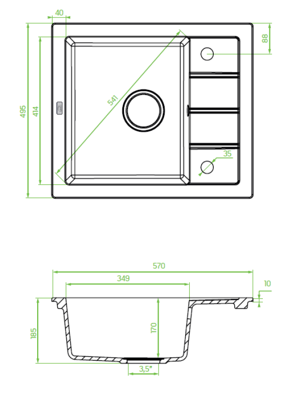 Aquadesign Somerset Granitowy Zlewozmywak Nablatowy Antracytowy z Małym Ociekaczem 570 x 495 mm 1208970084