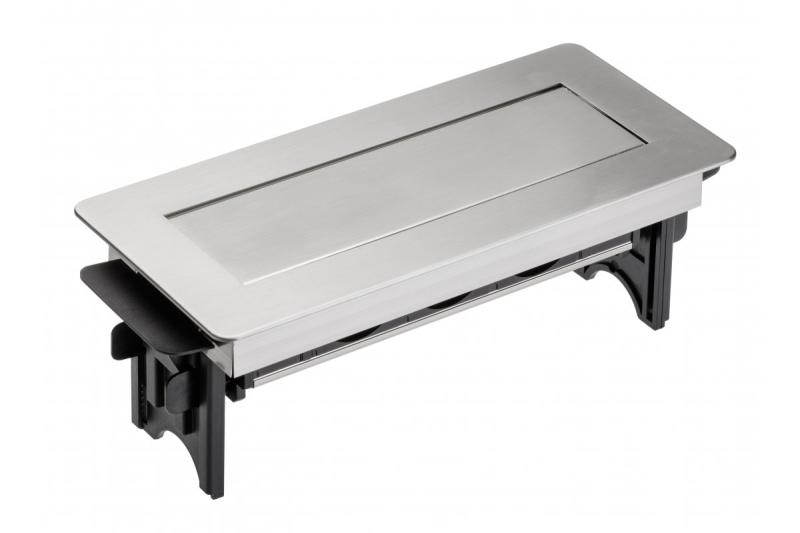 Przedłużacz biurkowy bez kasety, potrójna gniazdka z uziemieniem, kabel zasilający o długości 1,5 m z wtyczką, stal nierdzewna.