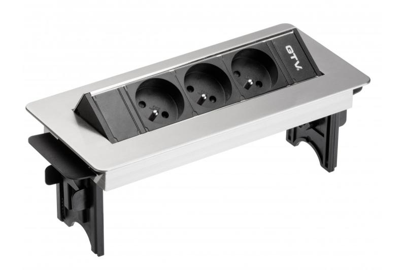 Przedłużacz biurkowy bez kasety, potrójna gniazdka z uziemieniem, kabel zasilający o długości 1,5 m z wtyczką, stal nierdzewna.