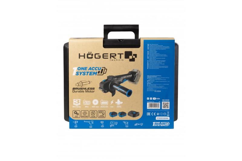 HÖGERT Bezprzewodowa szlifierka kątowa z włącznikiem łopatkowym, 125MM, 18V - Zestaw (bateria, ładowarka, akcesoria)