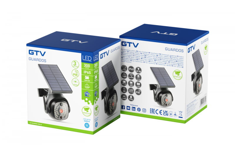 Reflektor słoneczny z czujnikiem ruchu i zmierzchu GUARDOS, LED, 300lm, 6400K, 1200mAh, IP65, atrapa kamery